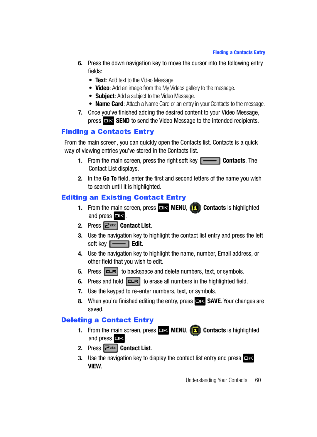 Samsung Gleam Finding a Contacts Entry, Editing an Existing Contact Entry, Deleting a Contact Entry, Press Contact List 