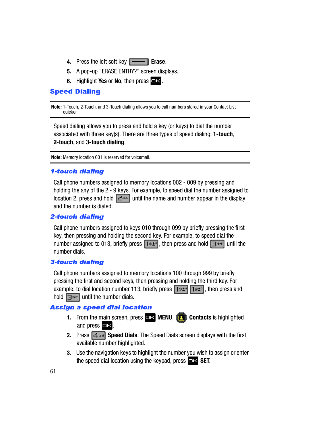 Samsung Gleam user manual Speed Dialing, Touch dialing, Hold Until the number dials, Assign a speed dial location 