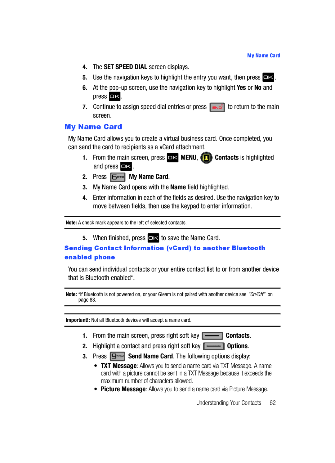 Samsung Gleam user manual Press My Name Card, My Name Card opens with the Name field highlighted 