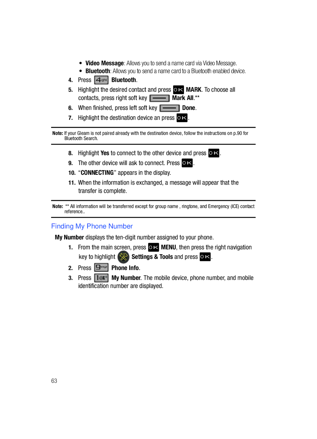 Samsung Gleam user manual Finding My Phone Number, Press Bluetooth, Press Phone Info 