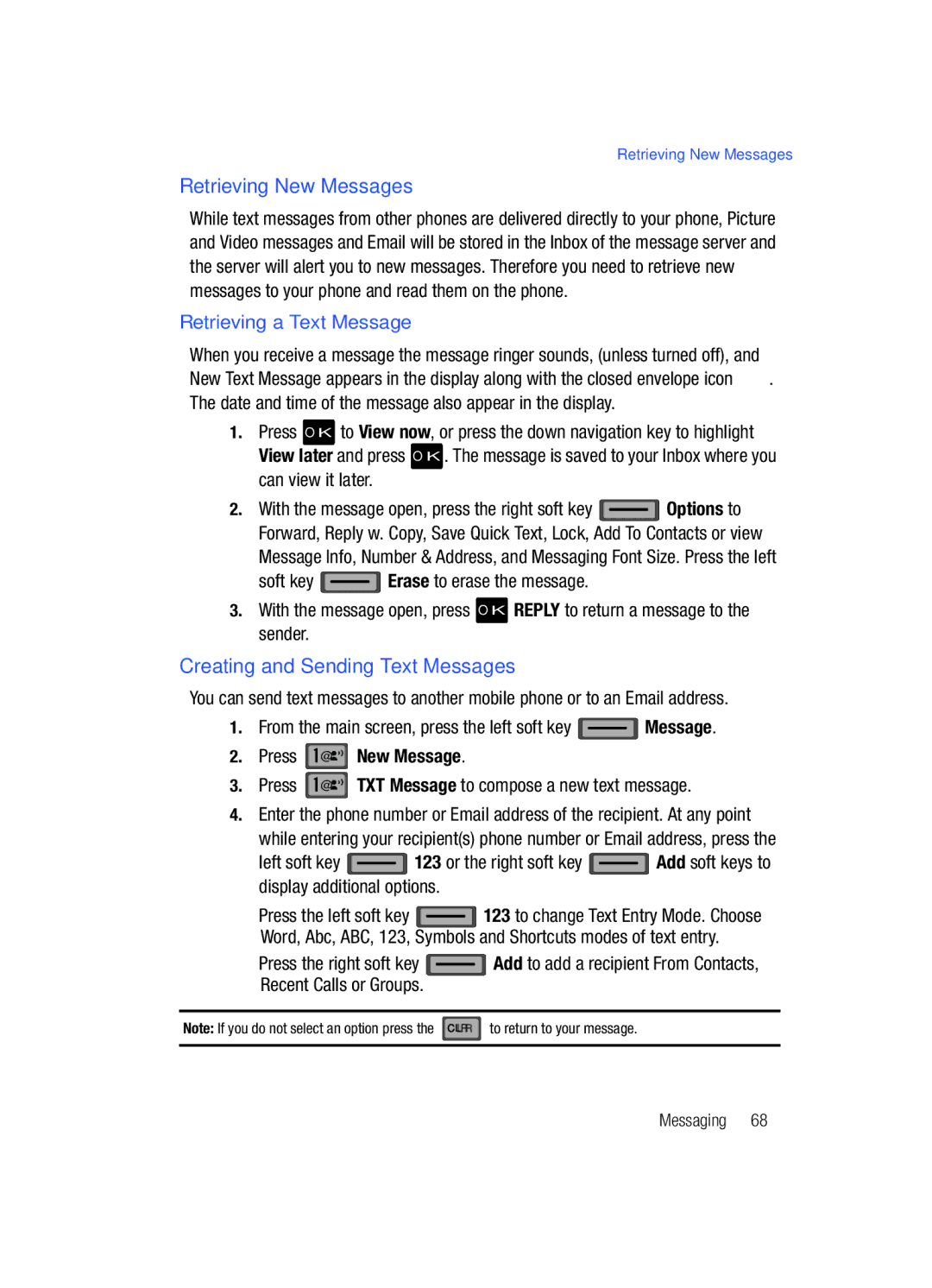 Samsung Gleam Retrieving New Messages, Creating and Sending Text Messages, Retrieving a Text Message, Press New Message 