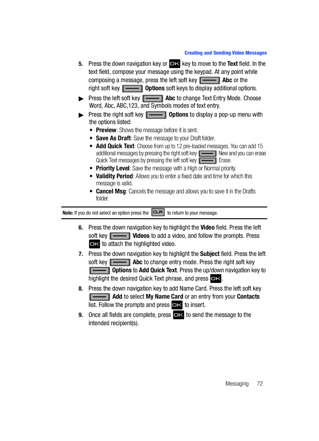 Samsung Gleam user manual Creating and Sending Video Messages 