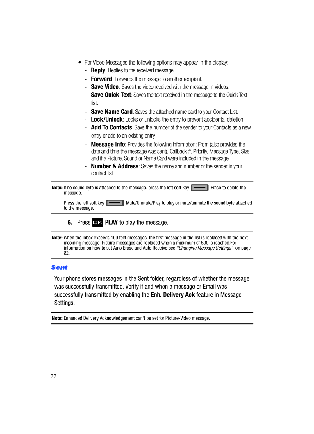 Samsung Gleam user manual Press OK Play to play the message, Sent 