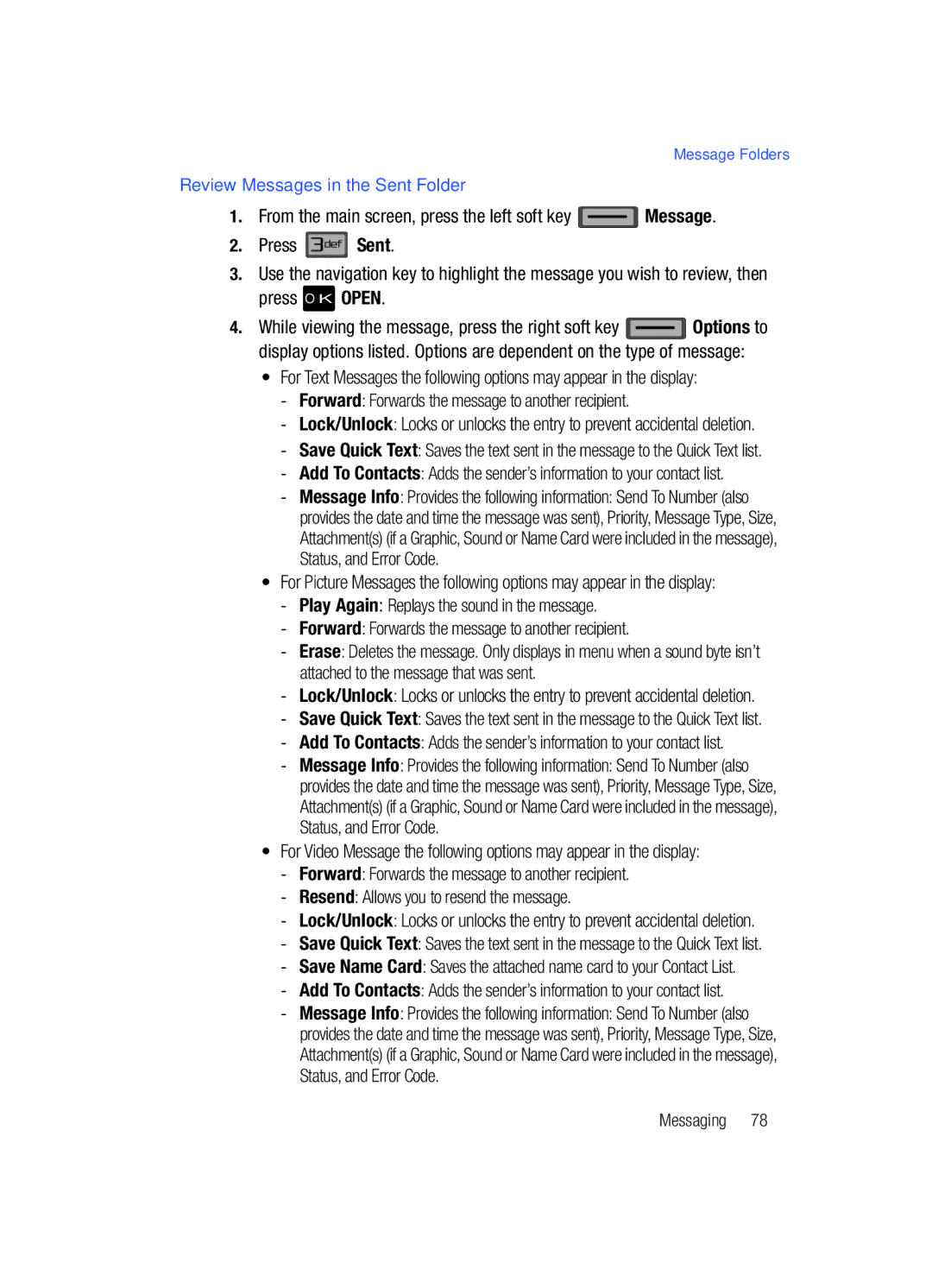 Samsung Gleam user manual Review Messages in the Sent Folder 