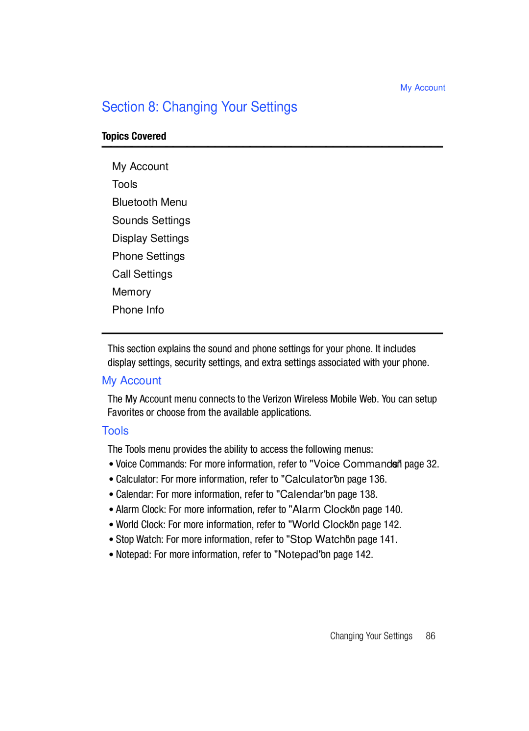 Samsung Gleam user manual Changing Your Settings, My Account, Tools 