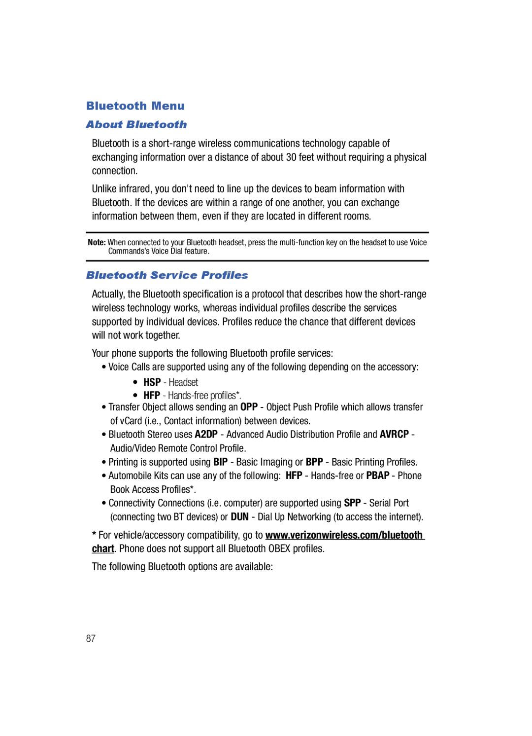 Samsung Gleam Bluetooth Menu, About Bluetooth, Bluetooth Service Profiles, Following Bluetooth options are available 