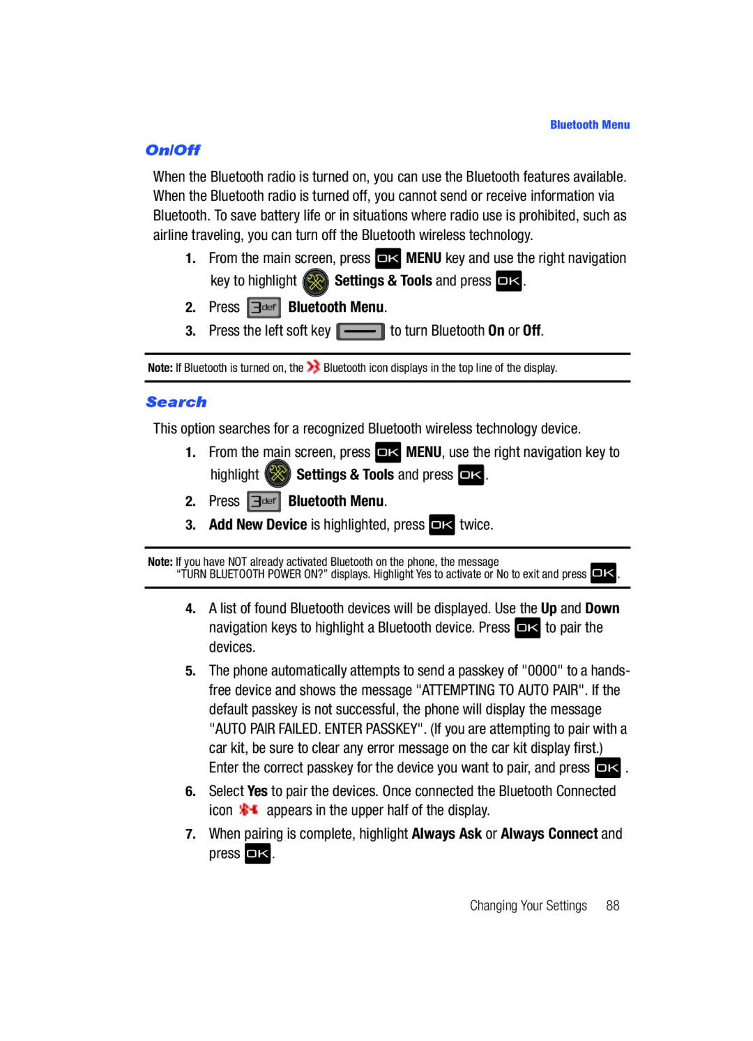 Samsung Gleam user manual On/Off, Press Bluetooth Menu, Press the left soft key to turn Bluetooth On or Off, Search 