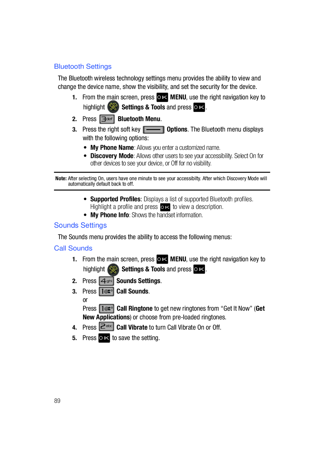 Samsung Gleam user manual Sounds Settings, Bluetooth Settings, My Phone Info Shows the handset information, Call Sounds 