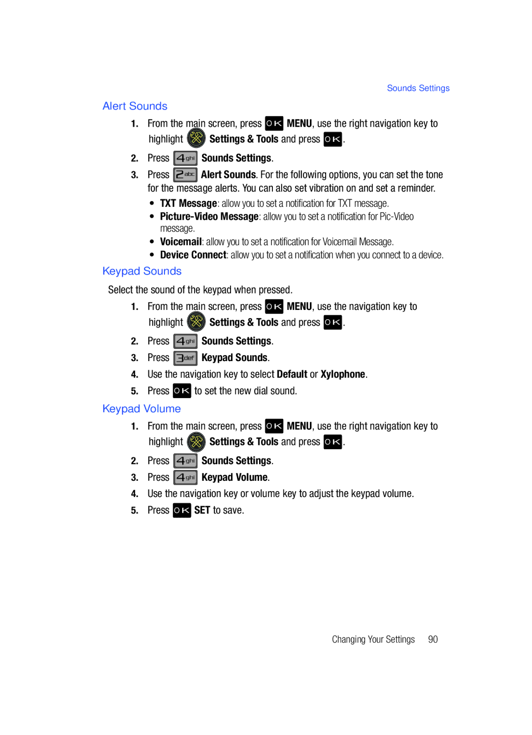 Samsung Gleam user manual Alert Sounds, Keypad Sounds, Keypad Volume 