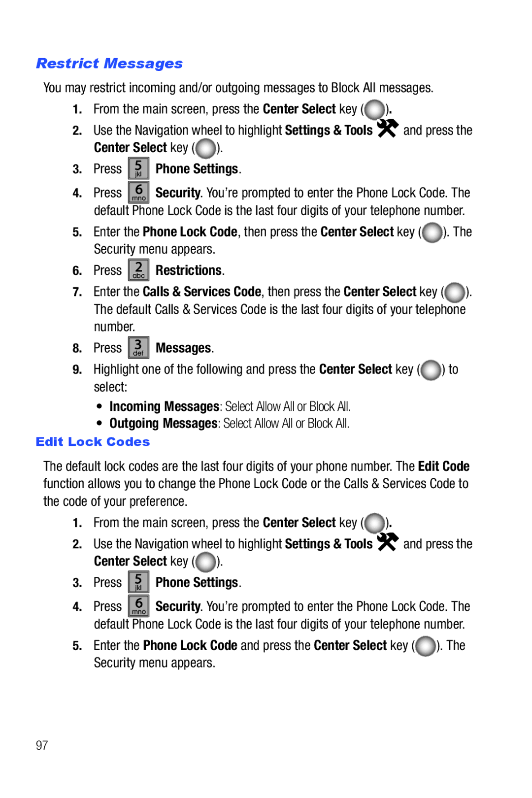 Samsung Glyde user manual Restrict Messages, Press def3 Messages, Edit Lock Codes 