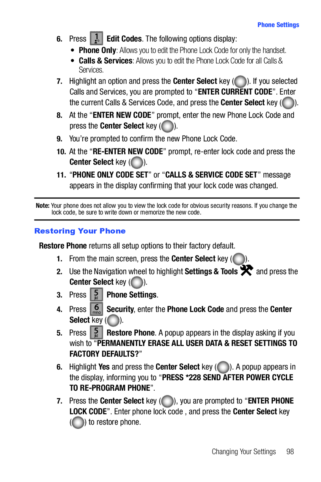 Samsung Glyde user manual Press 1 Edit Codes. The following options display, Select key, Restoring Your Phone 