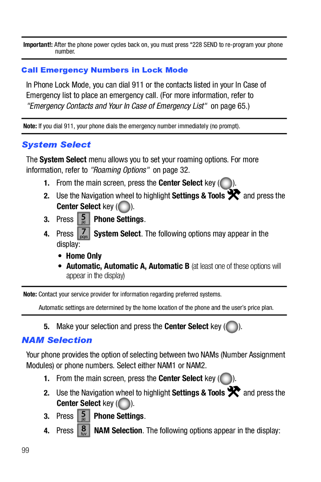 Samsung Glyde user manual System Select, Display, Make your selection and press the Center Select key, NAM Selection 