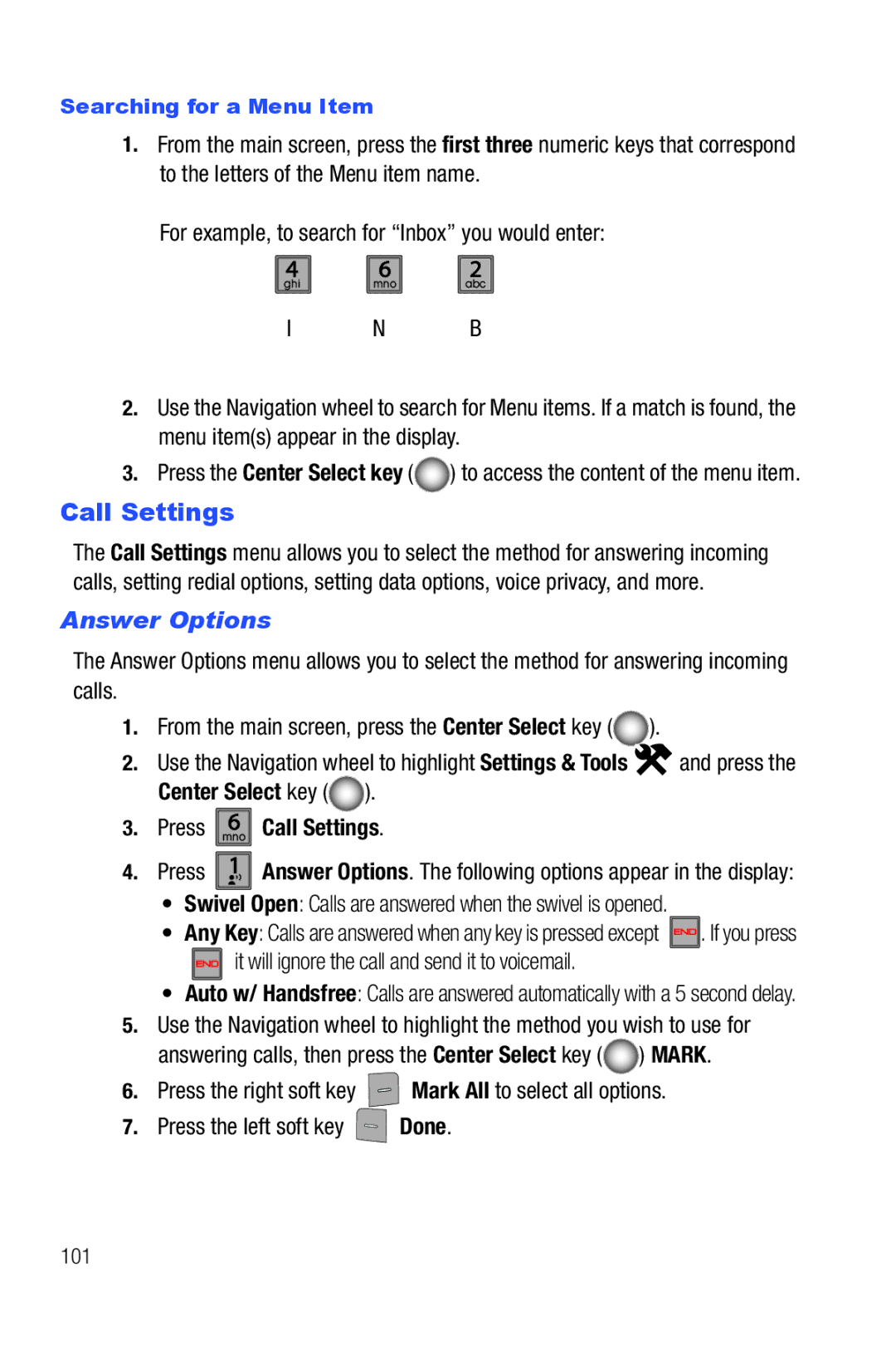 Samsung Glyde user manual Answer Options, Press mno6 Call Settings, Searching for a Menu Item, 101 