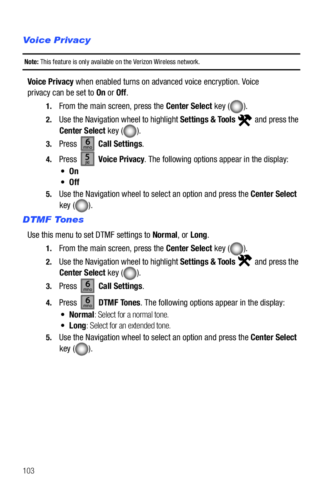 Samsung Glyde user manual Voice Privacy, Dtmf Tones, 103 