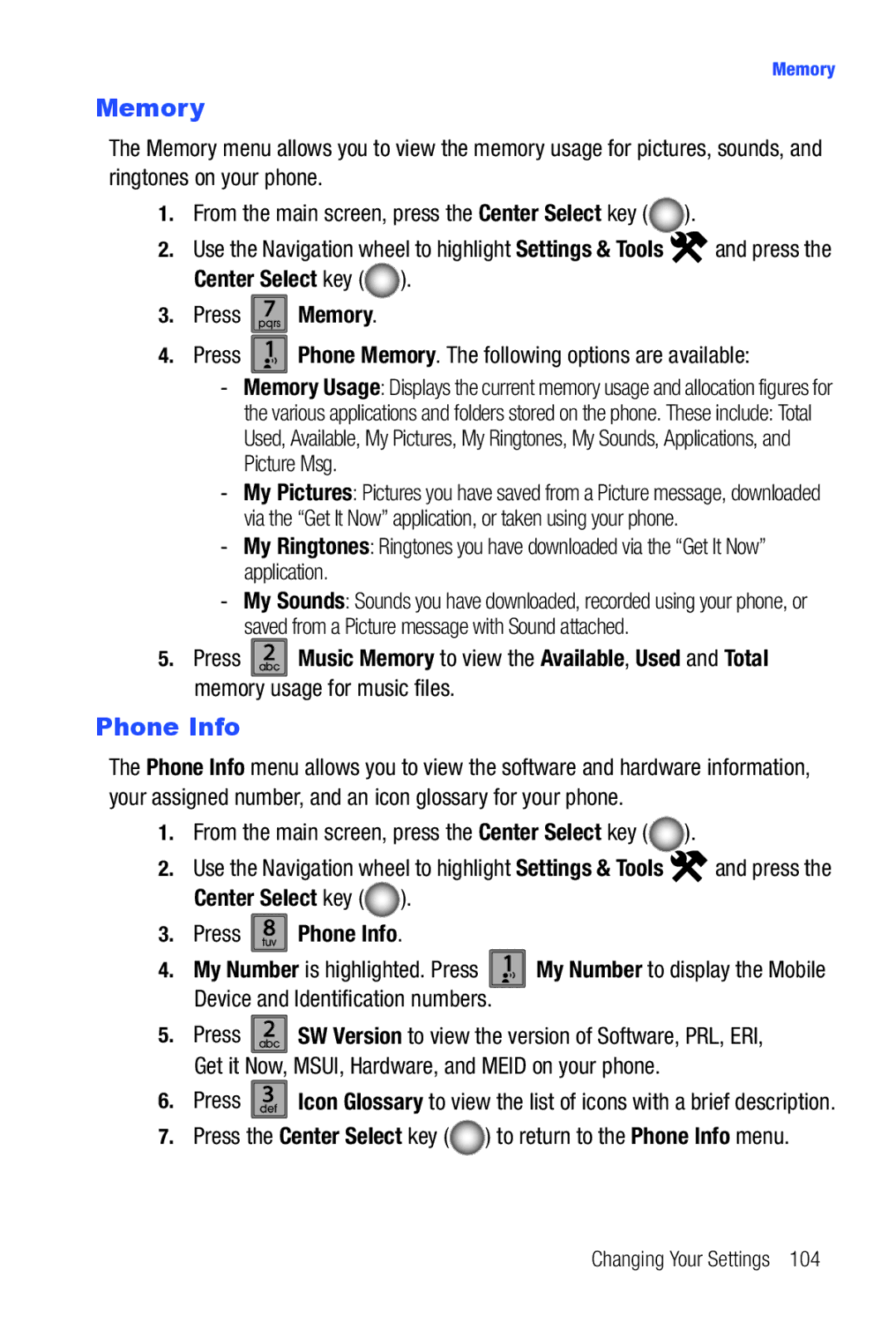 Samsung Glyde user manual Memory, Press tuv8 Phone Info, Device and Identification numbers 