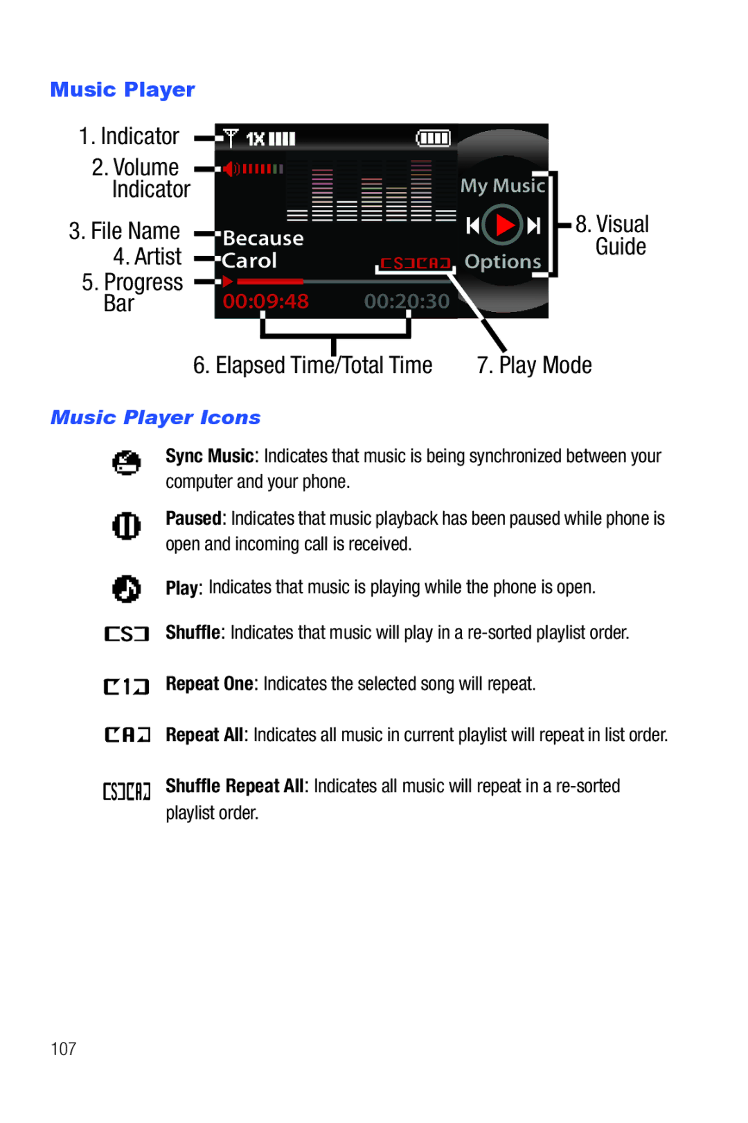 Samsung Glyde user manual Music Player Icons, Play Mode, 107 