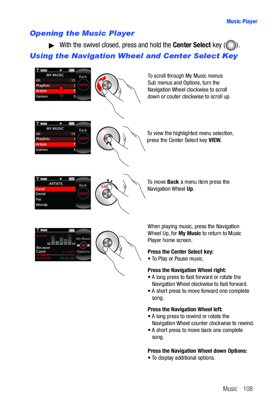 Samsung Glyde user manual Opening the Music Player, Using the Navigation Wheel and Center Select Key 