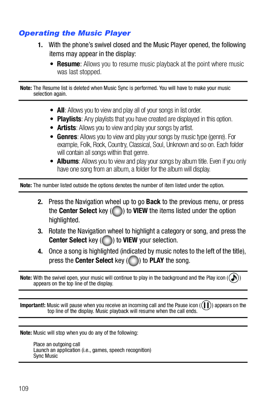 Samsung Glyde user manual Operating the Music Player, Artists Allows you to view and play your songs by artist, 109 