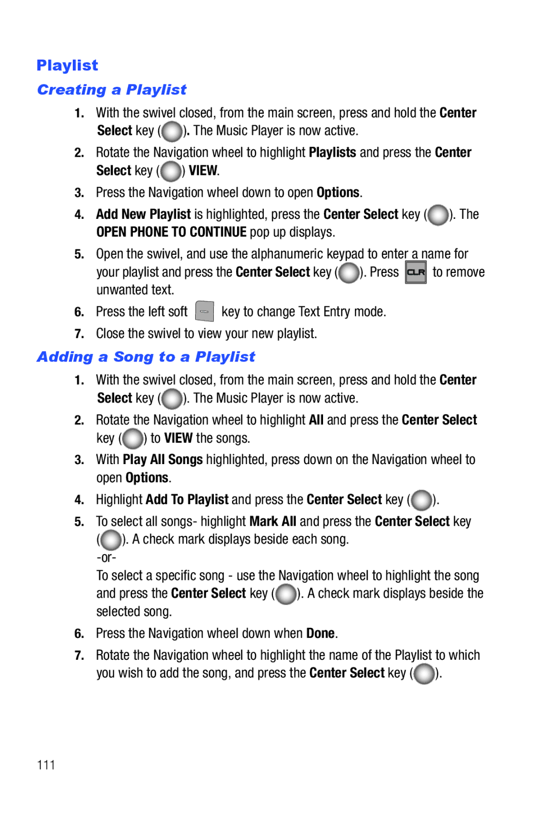 Samsung Glyde Creating a Playlist, Adding a Song to a Playlist, Check mark displays beside each song. -or, 111 