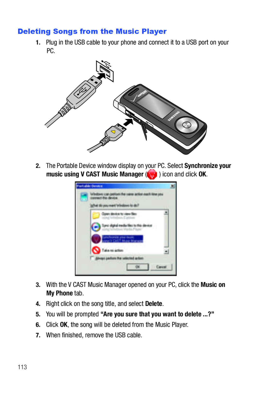 Samsung Glyde user manual Deleting Songs from the Music Player, Right click on the song title, and select Delete, 113 