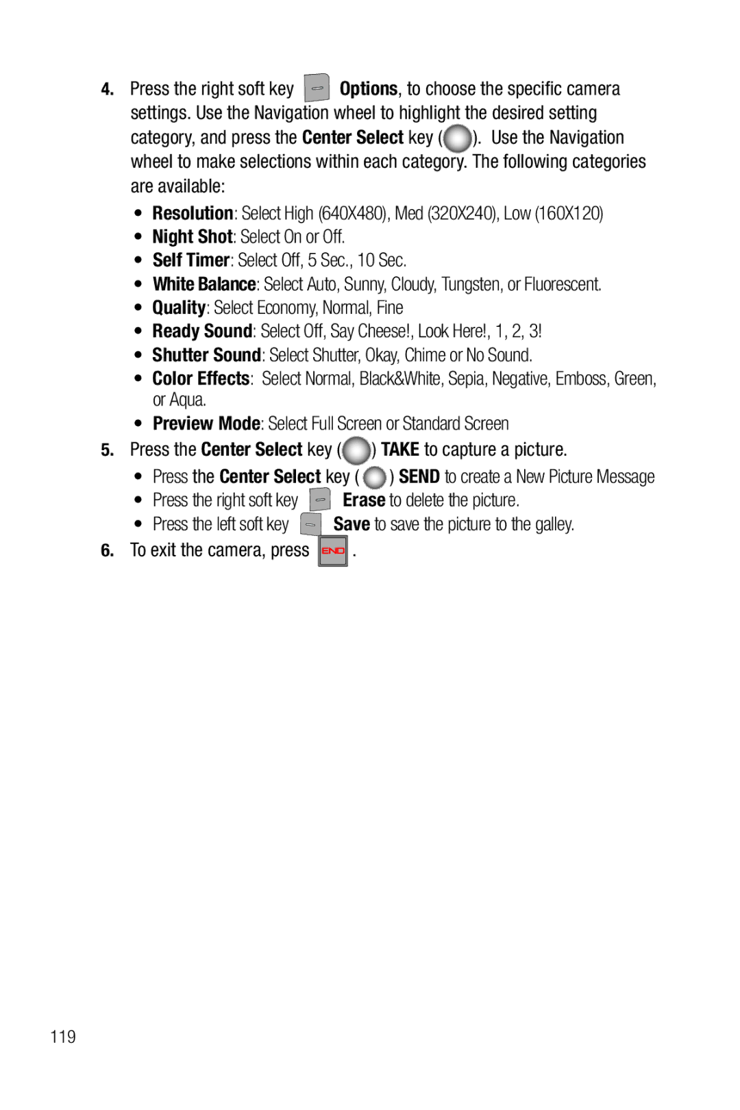 Samsung Glyde user manual Are available, Resolution Select High 640X480, Med 320X240, Low, 119 