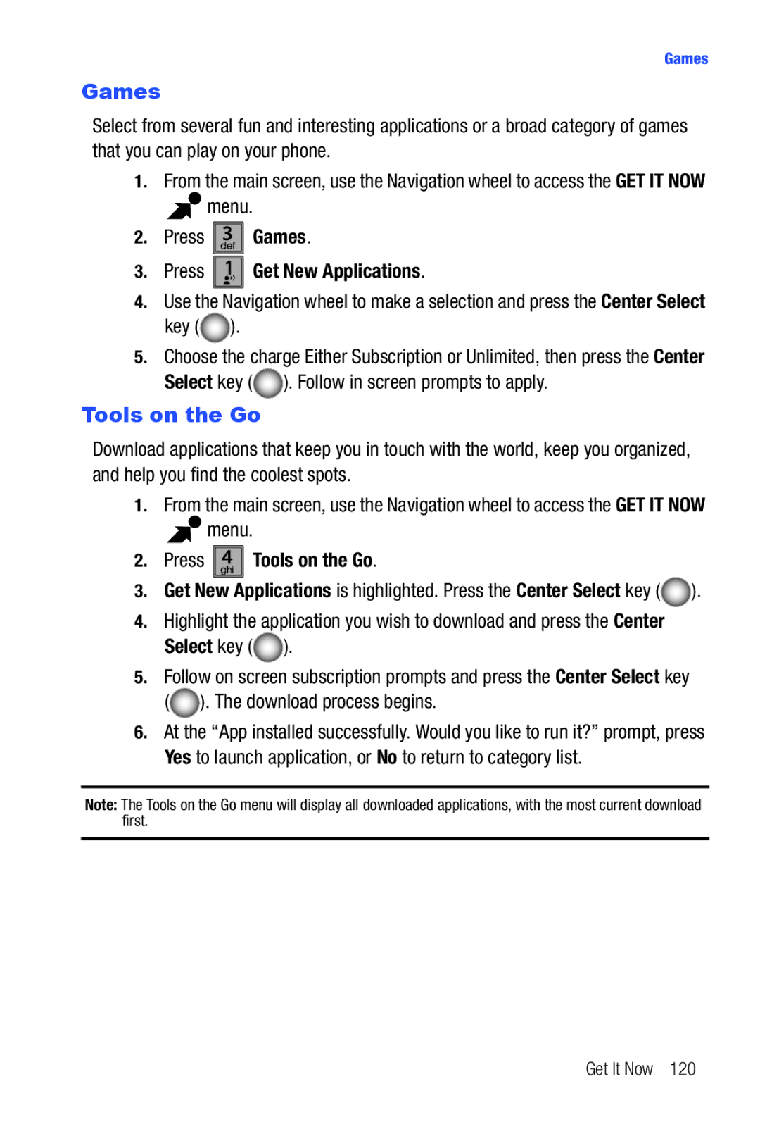 Samsung Glyde user manual Tools on the Go, Menu Press def3 Games 