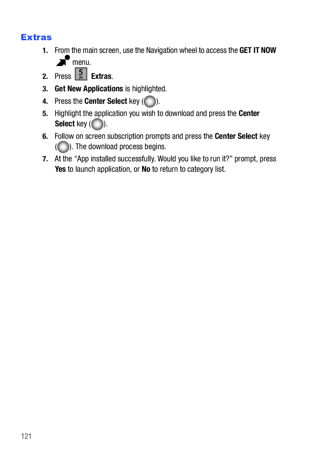 Samsung Glyde user manual Extras, Get New Applications is highlighted, 121 