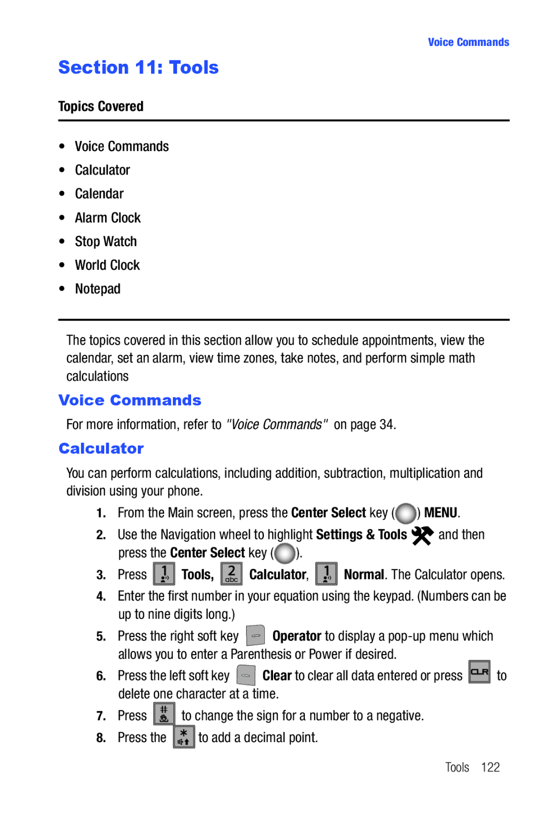 Samsung Glyde user manual Tools, Calculator, Press To add a decimal point 