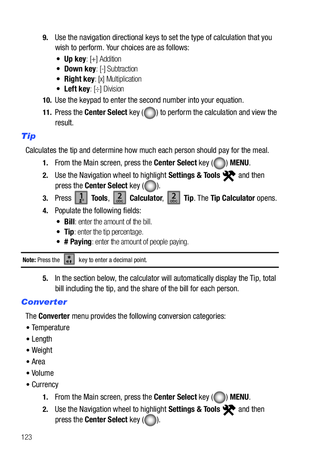 Samsung Glyde user manual Tip, Converter, 123 