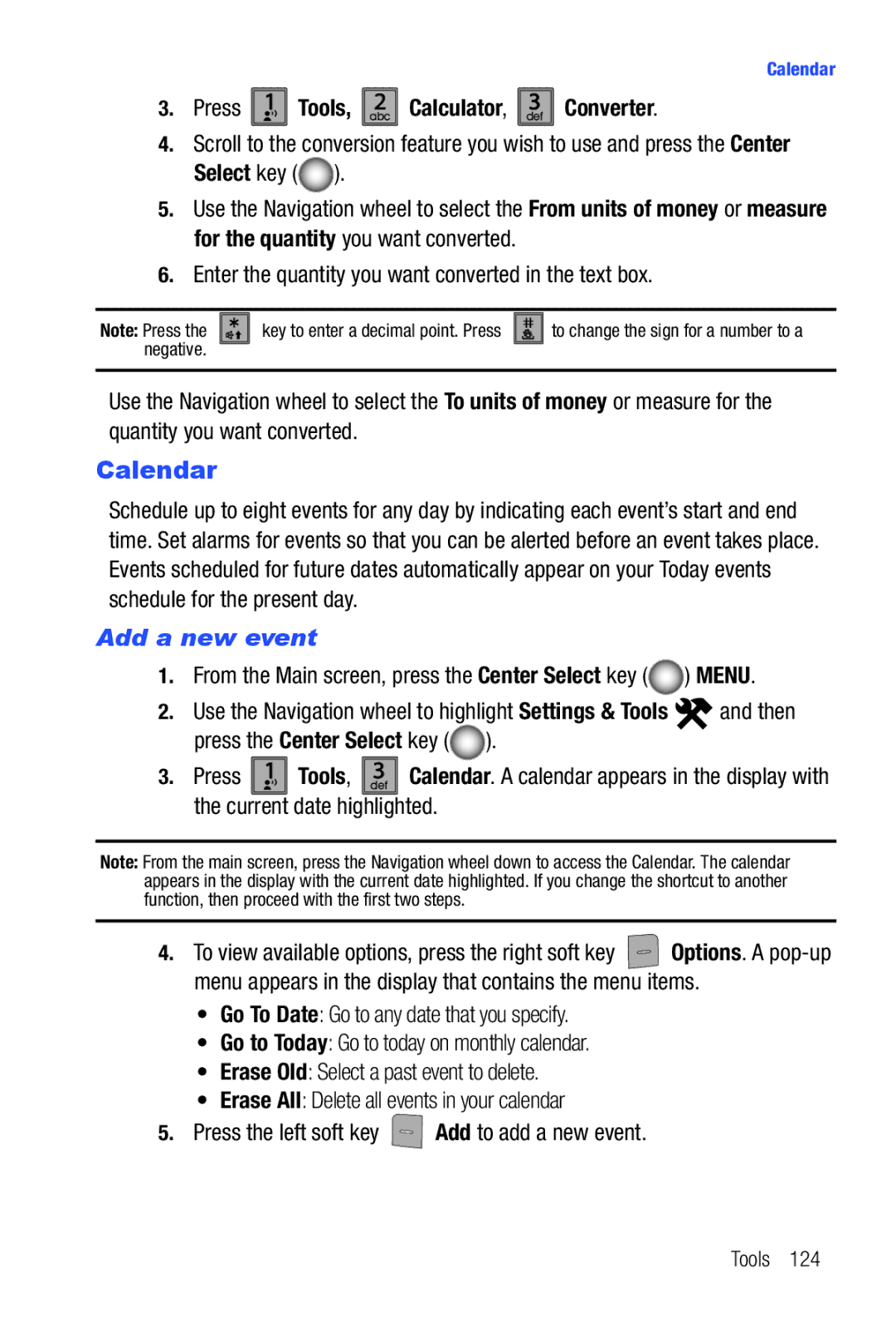 Samsung Glyde user manual Calendar, Press 1 Tools, abc2 Calculator, def3 Converter, Add a new event 