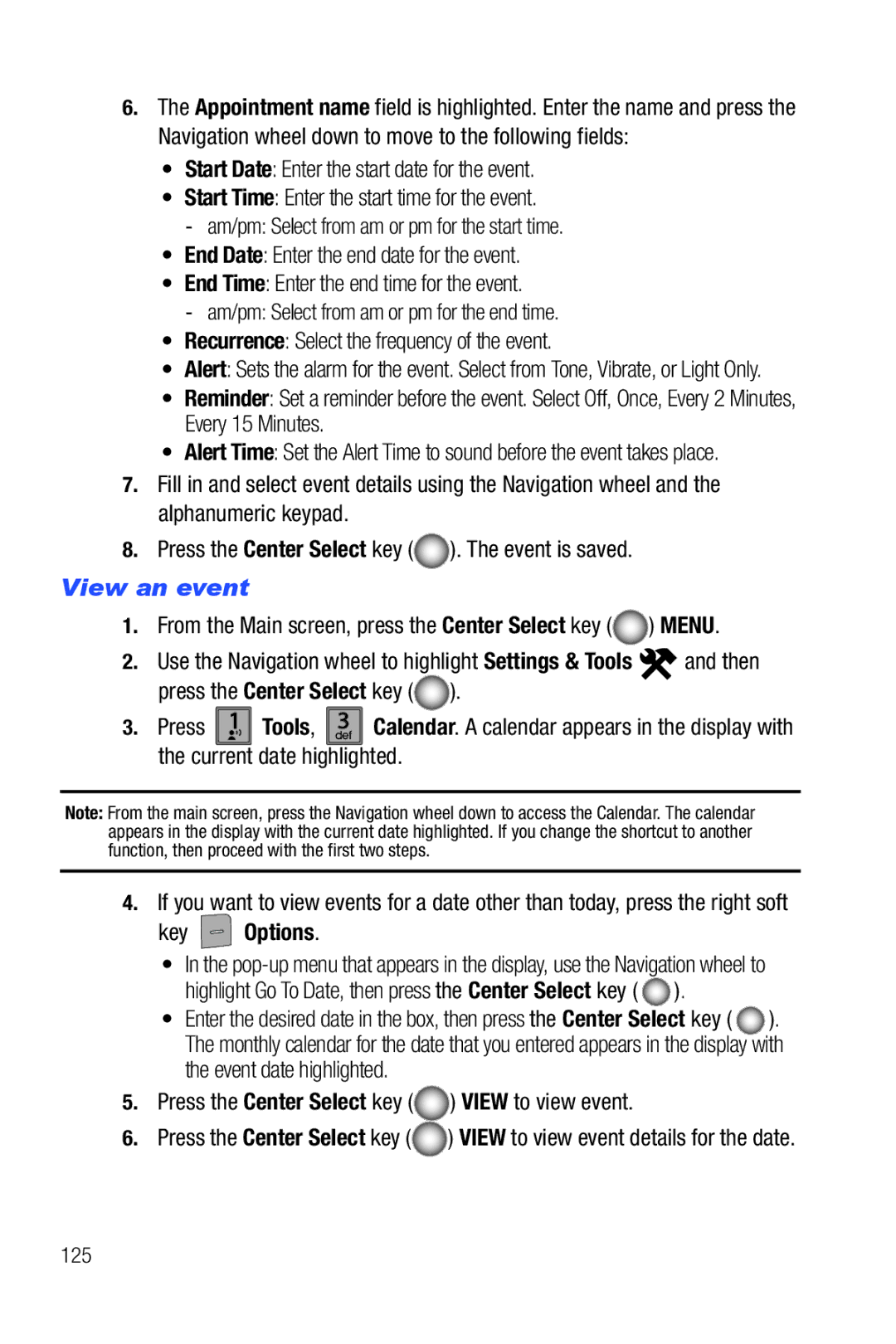 Samsung Glyde user manual View an event, Key Options, Press the Center Select key View to view event, 125 