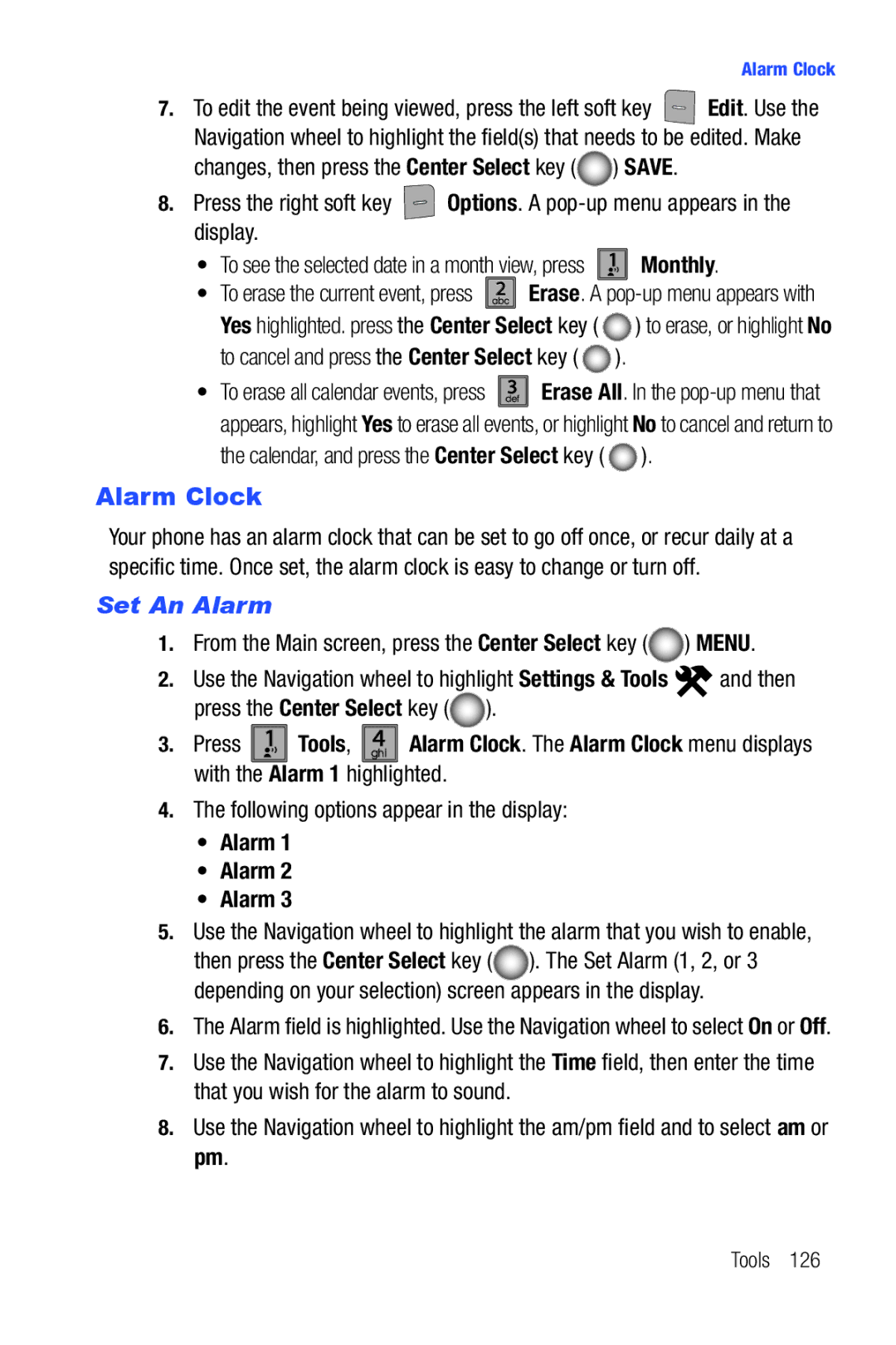 Samsung Glyde user manual Alarm Clock, Monthly, Set An Alarm 