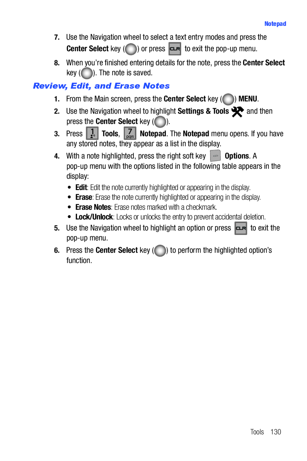 Samsung Glyde user manual Review, Edit, and Erase Notes, Erase Notes Erase notes marked with a checkmark 