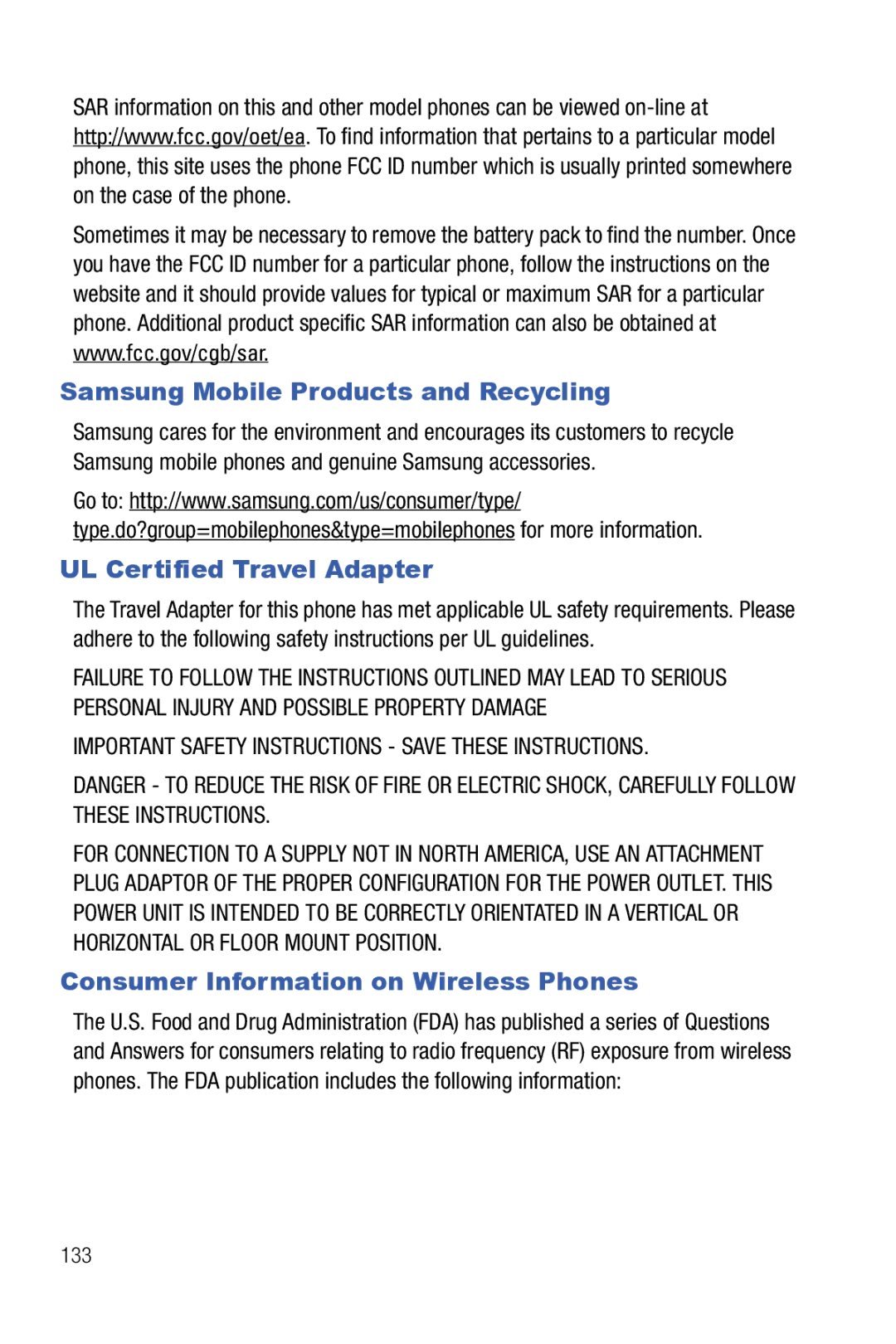 Samsung Glyde Samsung Mobile Products and Recycling, UL Certified Travel Adapter, Consumer Information on Wireless Phones 