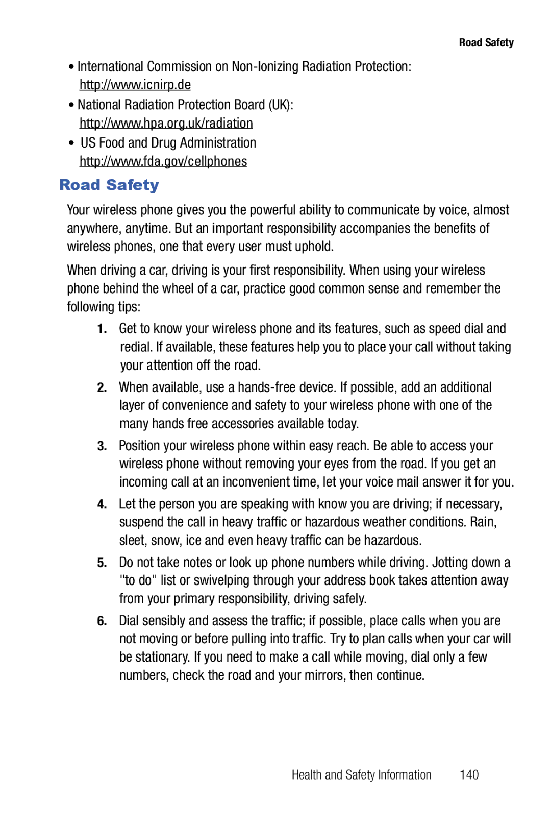 Samsung Glyde user manual Road Safety, 140 