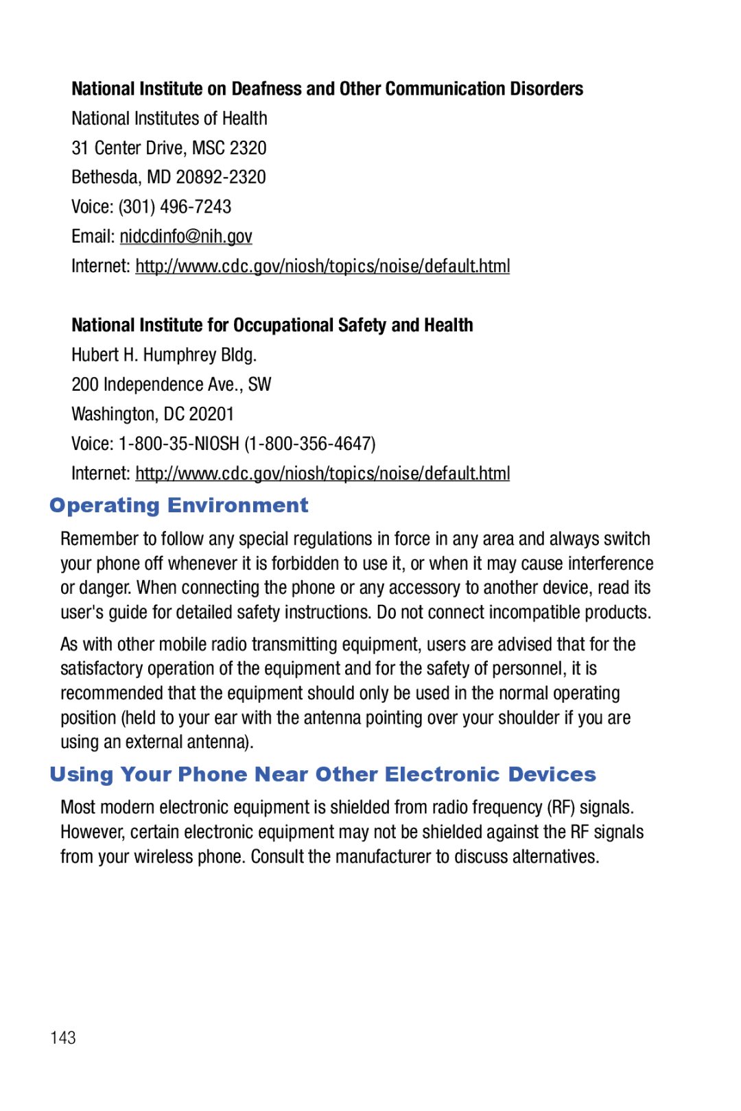 Samsung Glyde user manual Operating Environment, Using Your Phone Near Other Electronic Devices, 143 