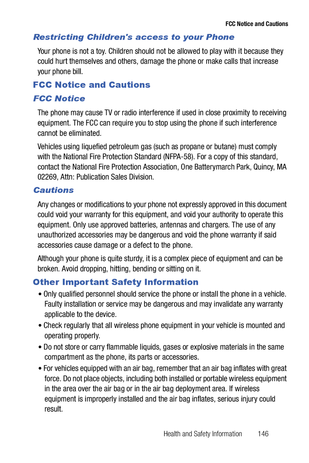 Samsung Glyde FCC Notice and Cautions, Other Important Safety Information, Restricting Childrens access to your Phone, 146 