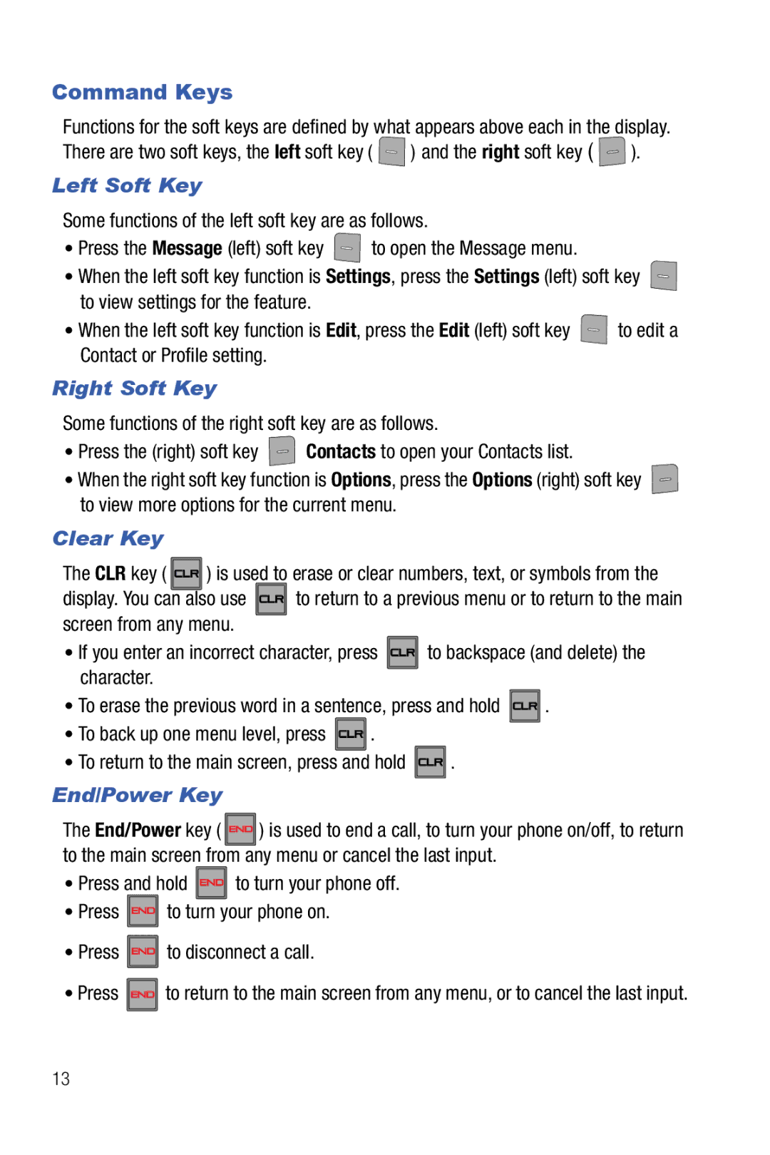 Samsung Glyde user manual Command Keys, Left Soft Key, Right Soft Key, Clear Key, End/Power Key 