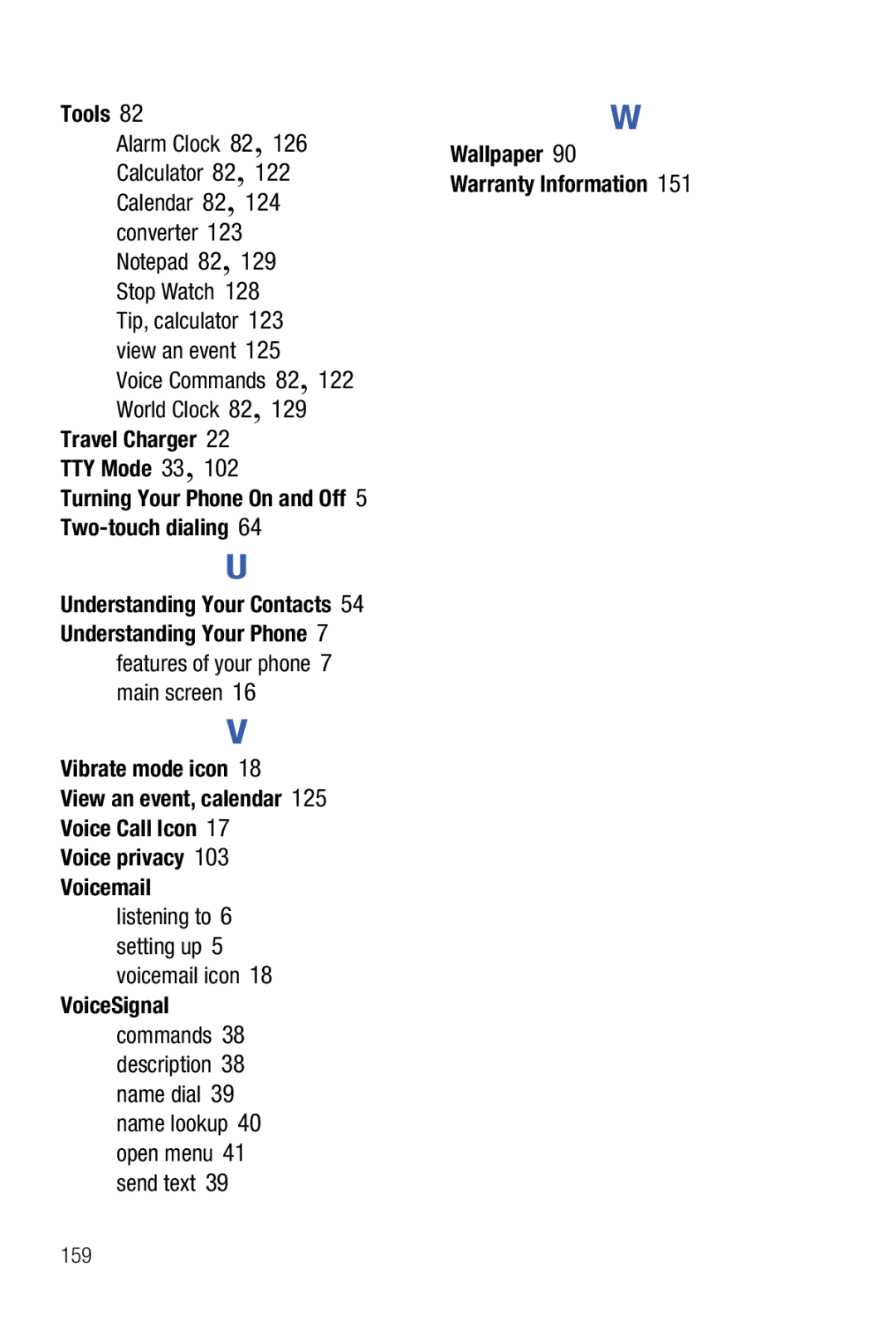 Samsung Glyde user manual Tools, Vibrate mode icon, Voice privacy Voicemail, VoiceSignal, Wallpaper Warranty Information 