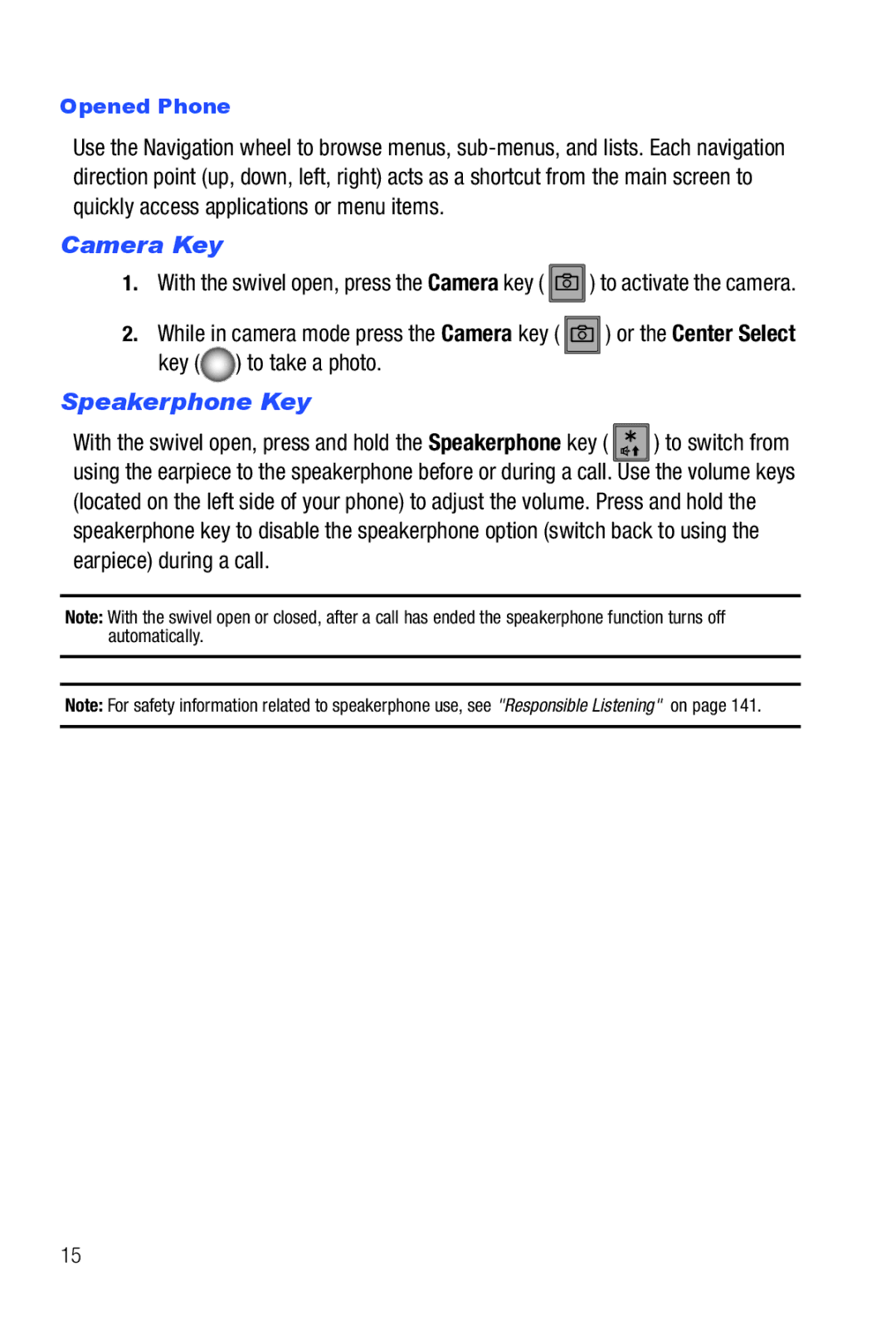 Samsung Glyde user manual Camera Key, Speakerphone Key, Opened Phone 