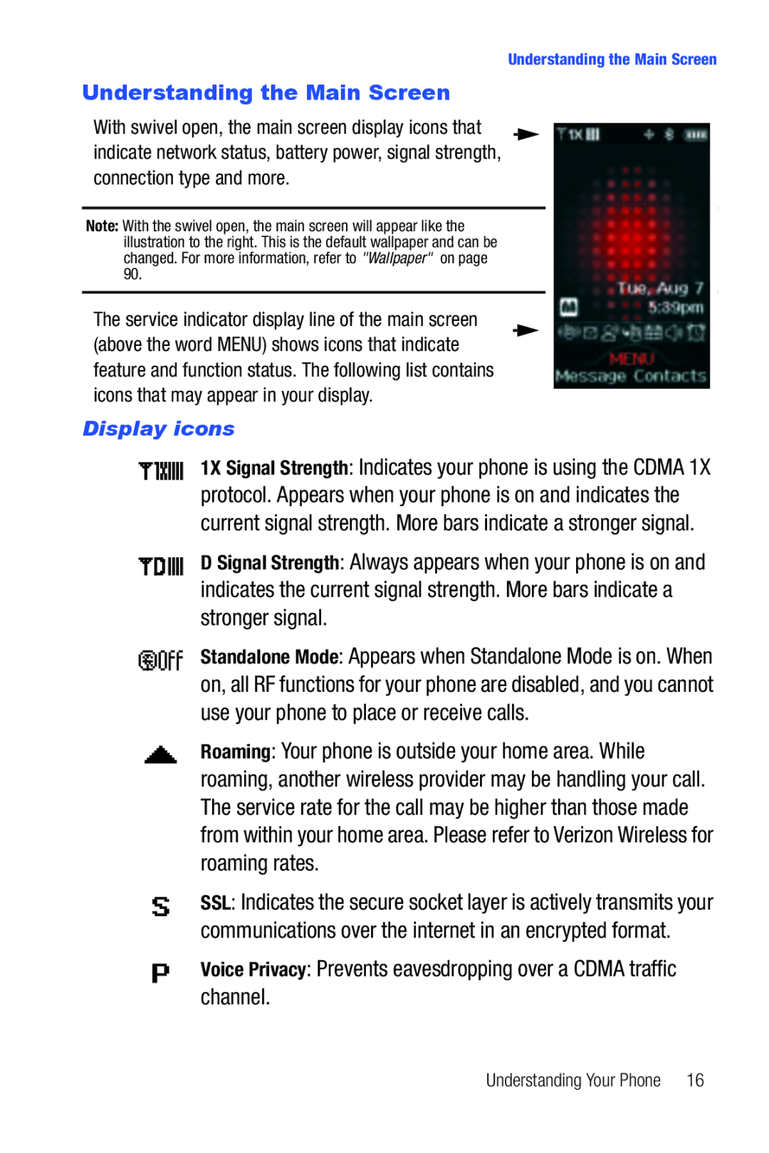 Samsung Glyde user manual Understanding the Main Screen, Display icons 