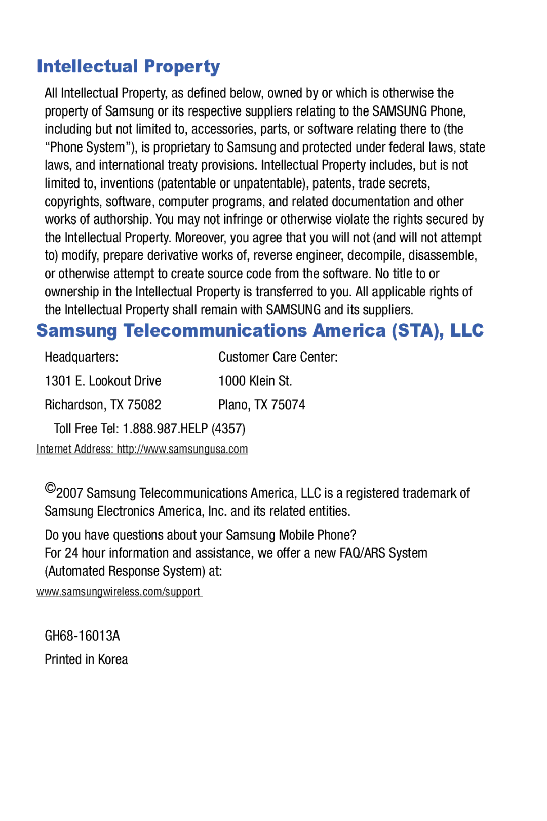 Samsung Glyde user manual Intellectual Property, Headquarters 