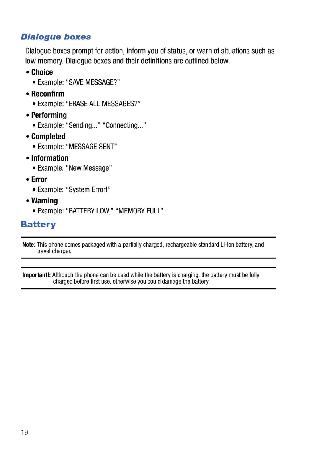 Samsung Glyde user manual Battery, Dialogue boxes 