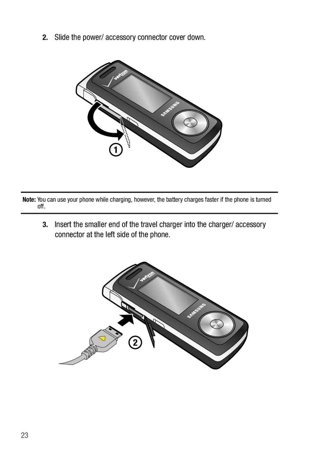 Samsung Glyde user manual Slide the power/ accessory connector cover down 