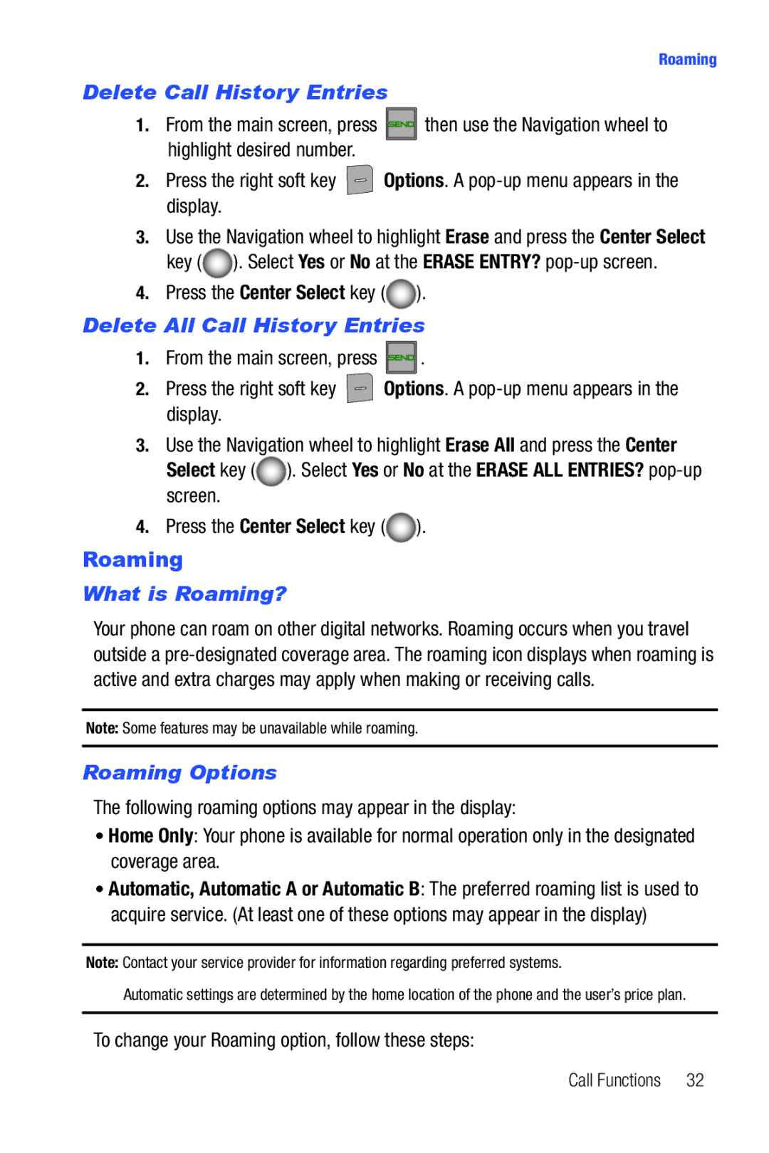 Samsung Glyde Delete Call History Entries, Delete All Call History Entries, What is Roaming?, Roaming Options 