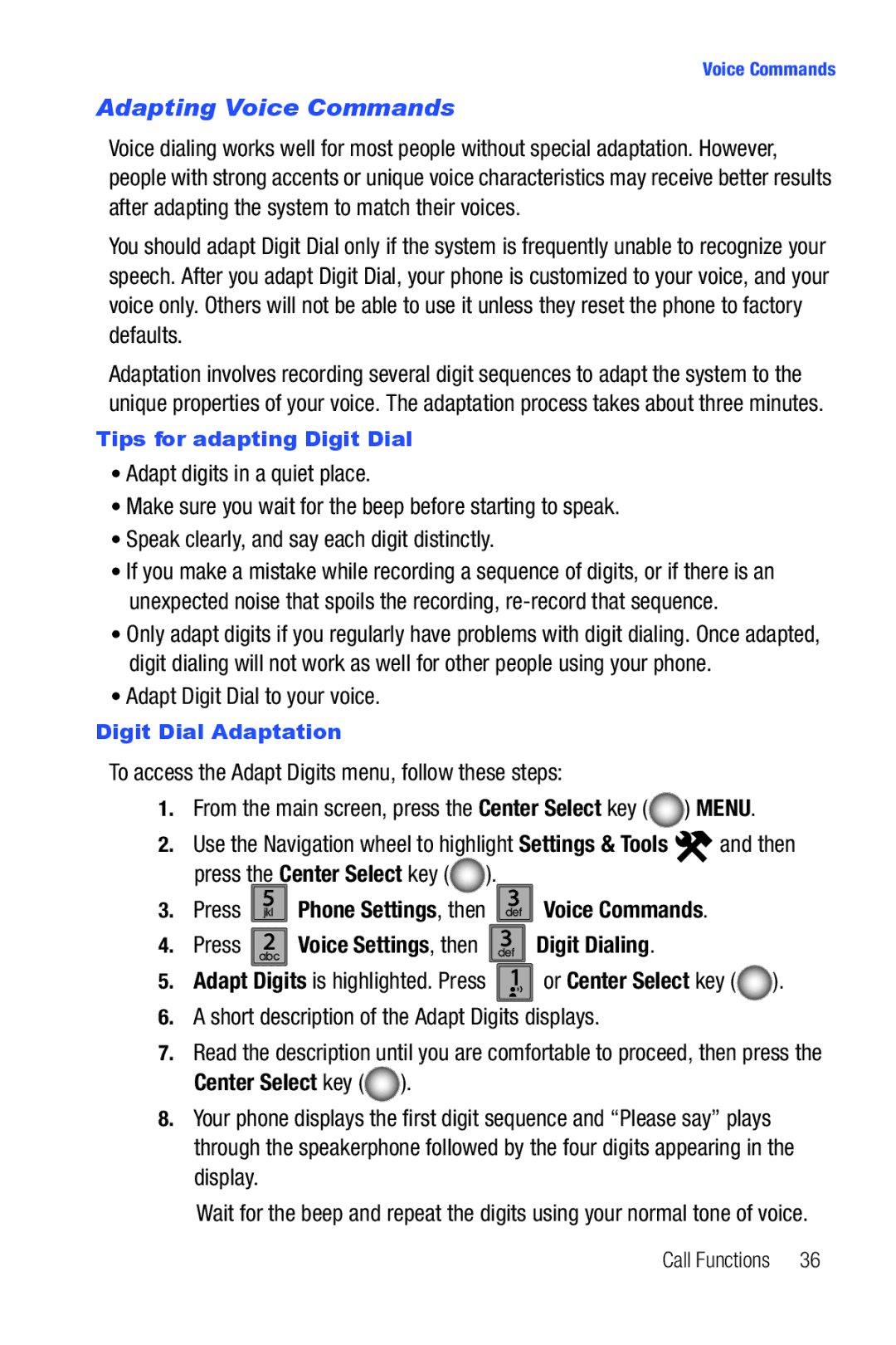 Samsung Glyde user manual Adapting Voice Commands, Adapt Digit Dial to your voice, Digit Dialing 