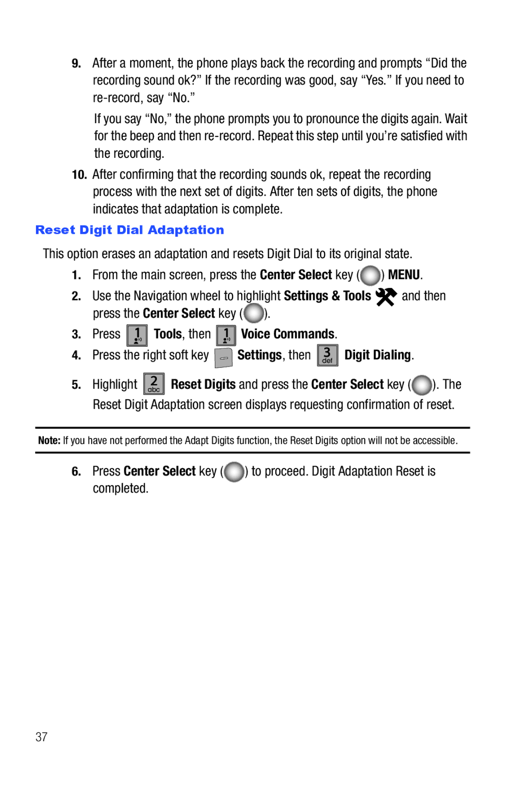 Samsung Glyde user manual Press 1 Tools, then, Reset Digit Dial Adaptation 