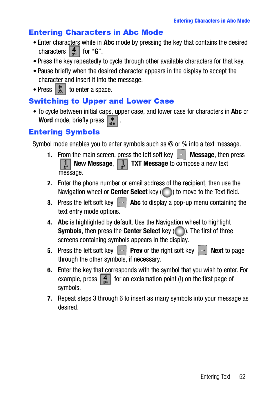 Samsung Glyde user manual Entering Characters in Abc Mode, Switching to Upper and Lower Case, Entering Symbols 