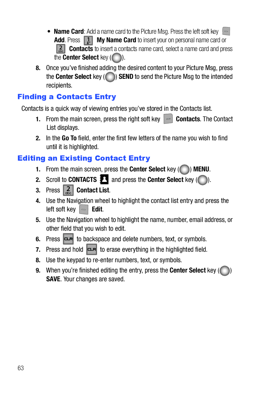 Samsung Glyde user manual Finding a Contacts Entry, Editing an Existing Contact Entry, Press abc2 Contact List 