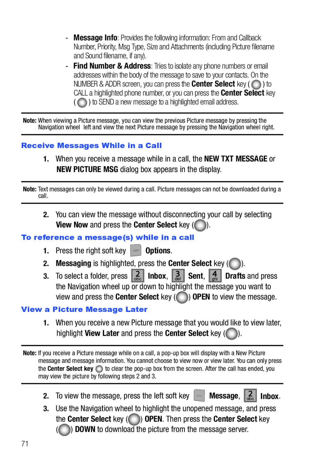 Samsung Glyde Receive Messages While in a Call, To reference a messages while in a call, View a Picture Message Later 